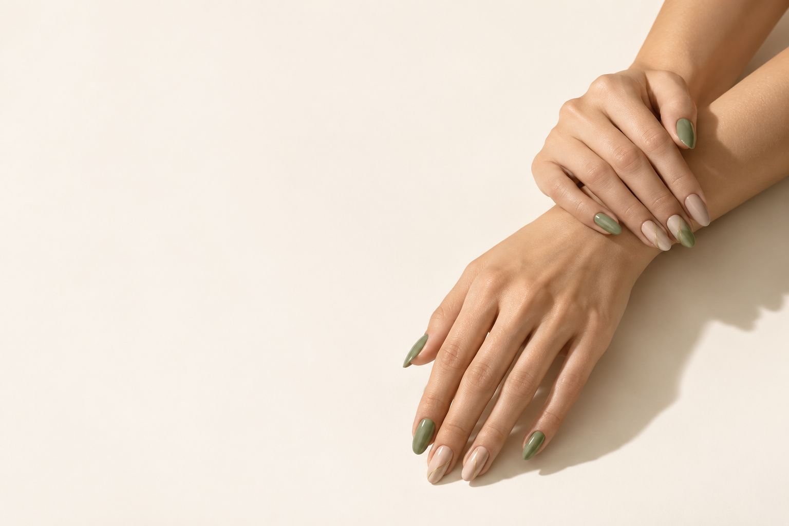 Imagen editorial de inspiración con manos y manicura en tonos salvia